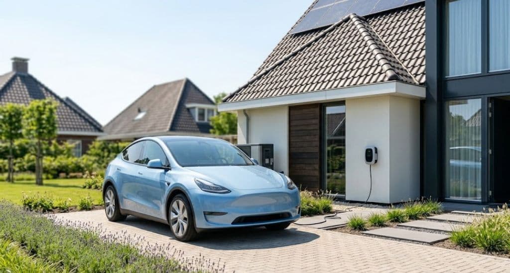 Een elektrische auto die thuis wordt opgeladen.