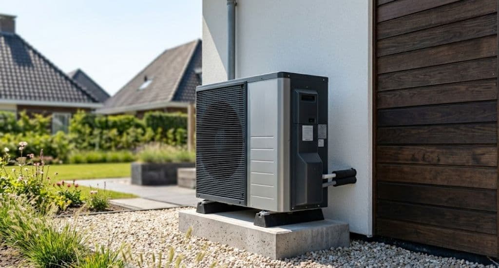 Een warmtepomp naast een woning als duurzame manier van verwarmen.