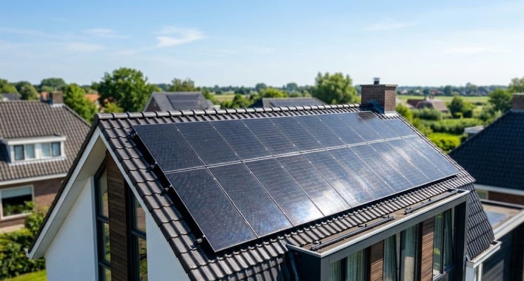 Zonnepanelen op het dak van een woning die duurzame energie opwekken.